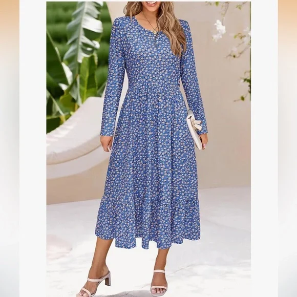Women's Blue Floral Long Sleeve Dress, Size-Large - Picture 6 of 7